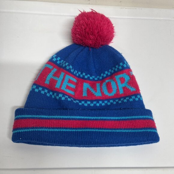 The North Face Unisex Pom Pom Beanie Winter Hat Blue Pink Spell Out Pre-owned - Picture 1 of 6